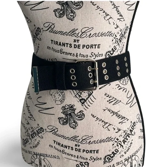 Wide Black Canvas Silver Grommet Belt – Industrial Statement Belt - Picture 1 of 4